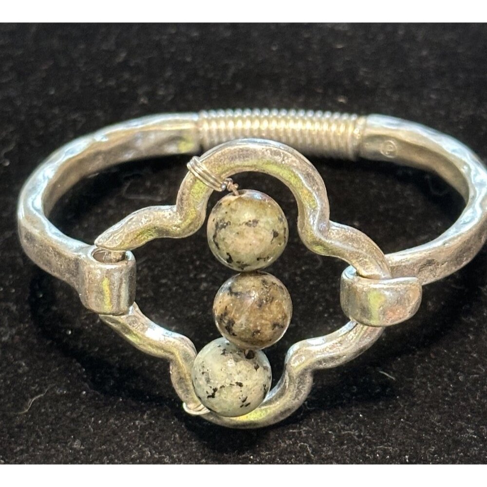 Silver Tone Hammered Cuff Bracelet Signed P Marble Stone Beaded